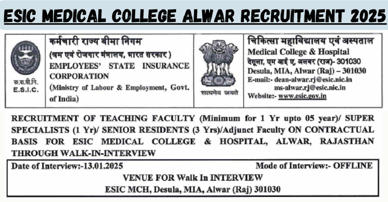 ESIC Medical College Alwar Recruitment 2025